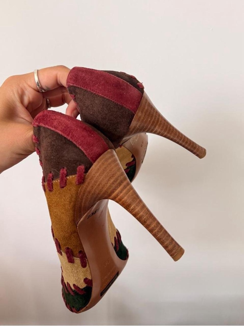 90s Dolce & Gabbana Multicolor Suede Patchwork Pointed-Toe Pumps - Women's 7.5 - Picture 7 of 8
